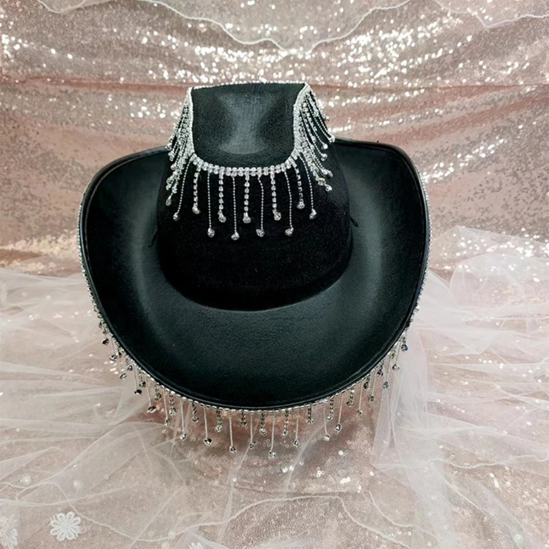 Cowboy Hat for Girls Rhinestones Fringe Glittering Cowgirl Hat 3 Color