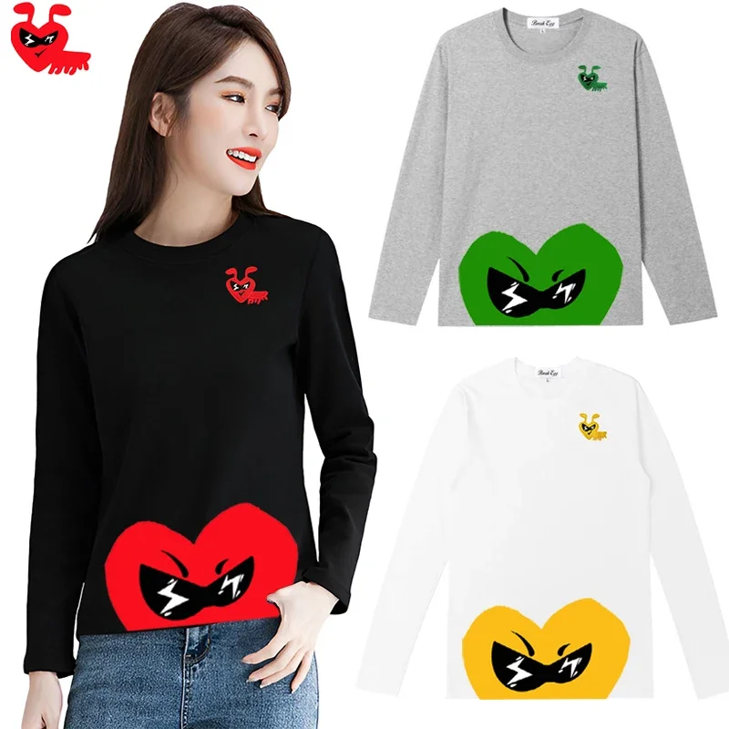 Break Egg Women T-shirt Cartoon Ant Embroidered Half Heart Printed Cotton Round Neck Long Sleeve Women Summer T-shirt