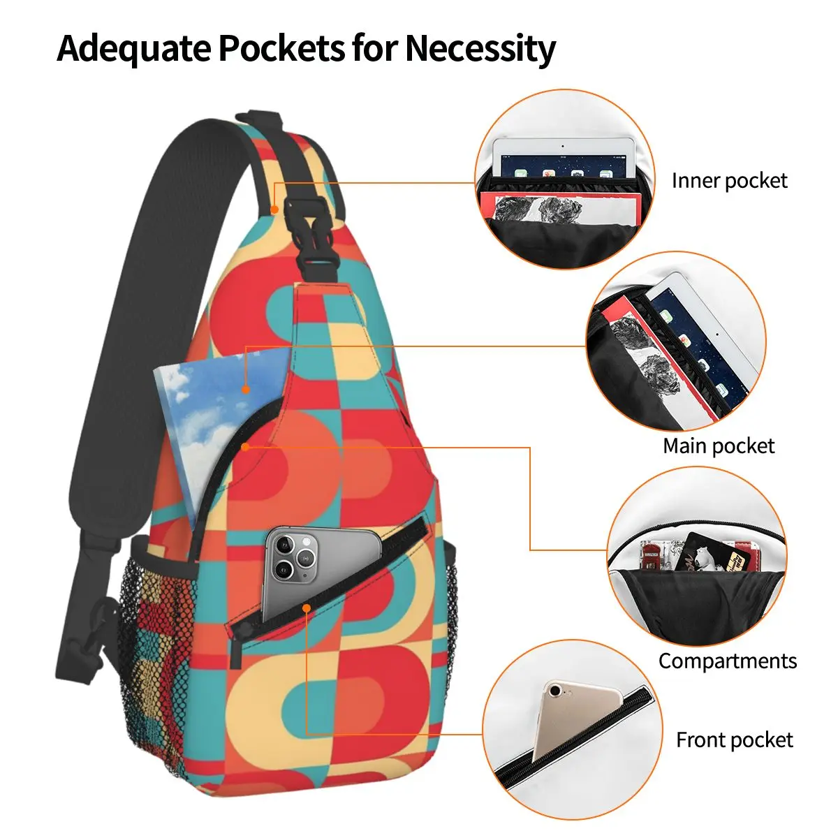 70s Pattern Retro Inustrial In Red, Blue Teal And Orange Chest Bag Men Sling Crossbody Backpack Chest Bag Daypack Shoulder Bag