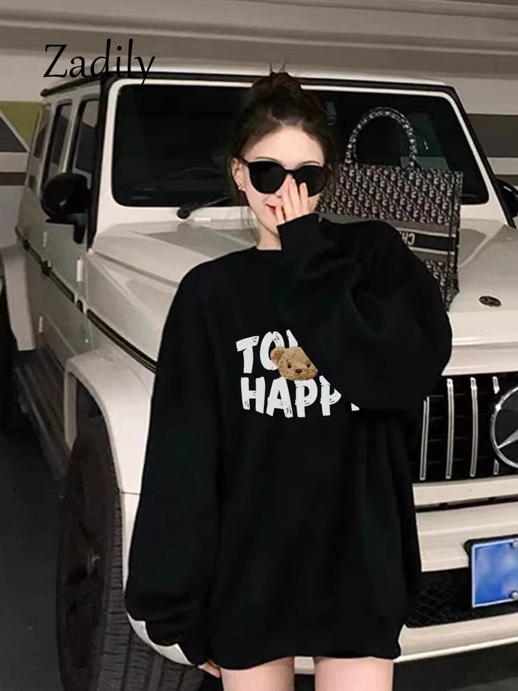 2024 Autumn Casual Long Sleeve Women Y2K Hoodies Korea Style Bear Printing Loose Woman Pullover Casual O Neck Sweatshirt