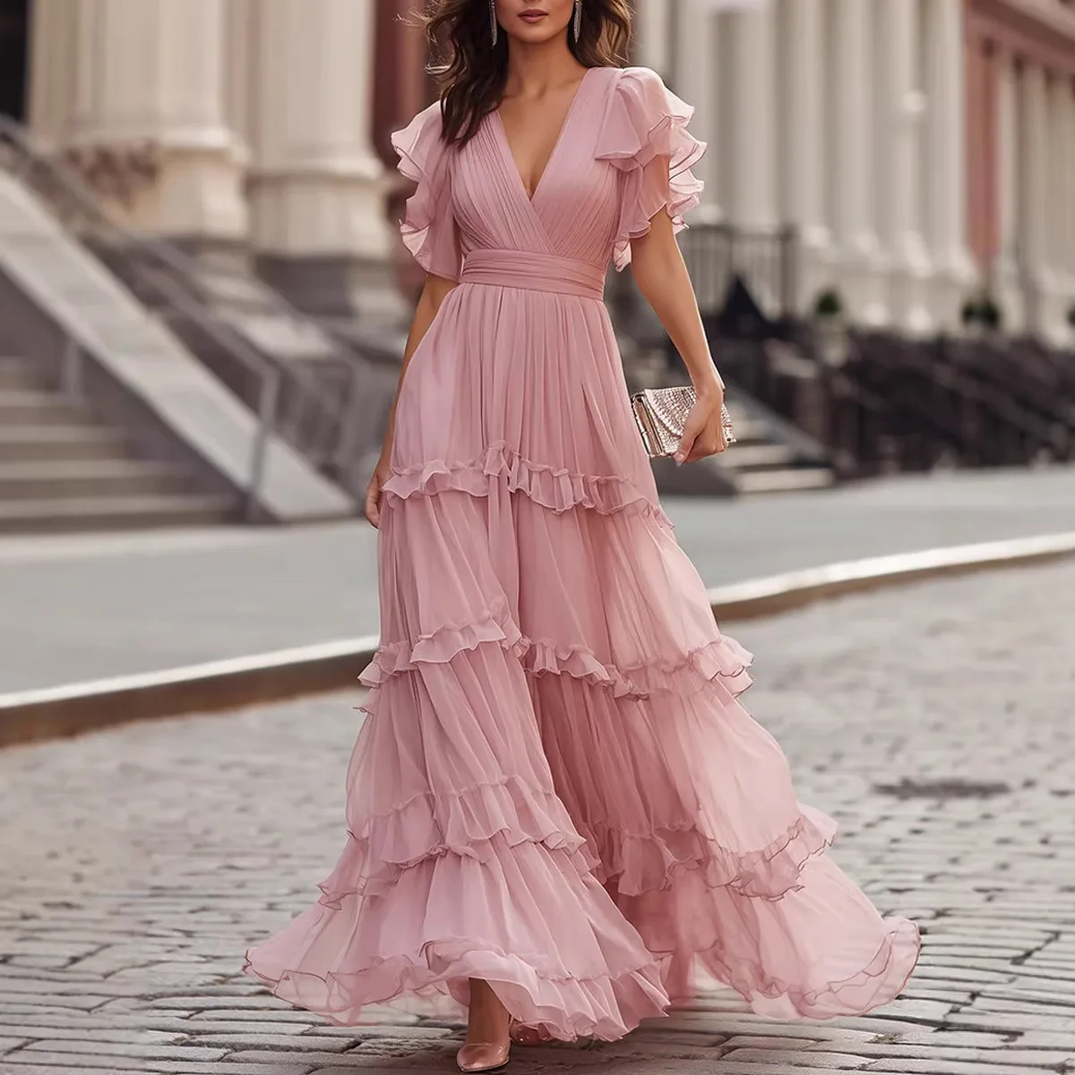 

Женское летнее платье макси с оборками и ярусами, V-образным вырезом, короткими рукавами-крылышками, из струящегося шифона, элегантное, шикарное, в стиле бохо, с завязками на талии