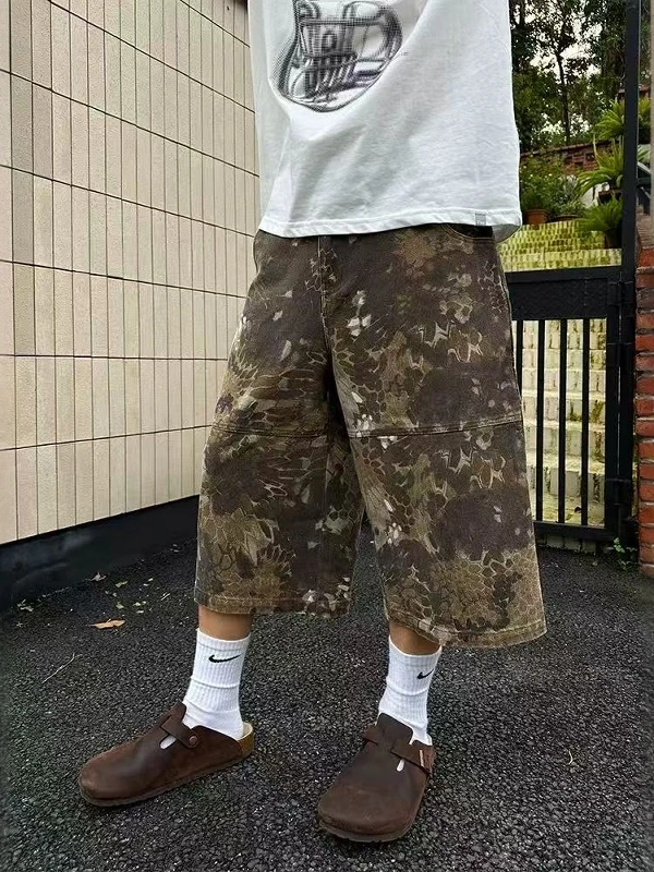 

Retro American Street Snake Skin Camouflage Waed Denim orts for Men Loose Wide Leg mid Waist Summer Youth Faion