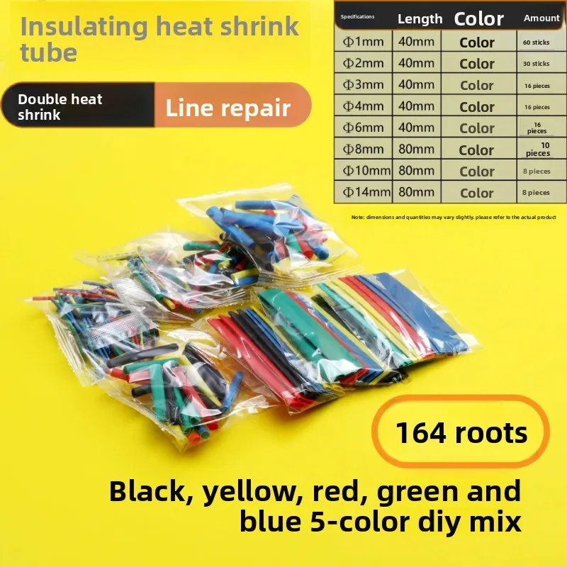 164PCS 2: 1 Cable Shrink Tube Kit Heat Assorted Pack Thermoretractile Insulation Sleeving Cable Wire Shrink Wrapping for DIY