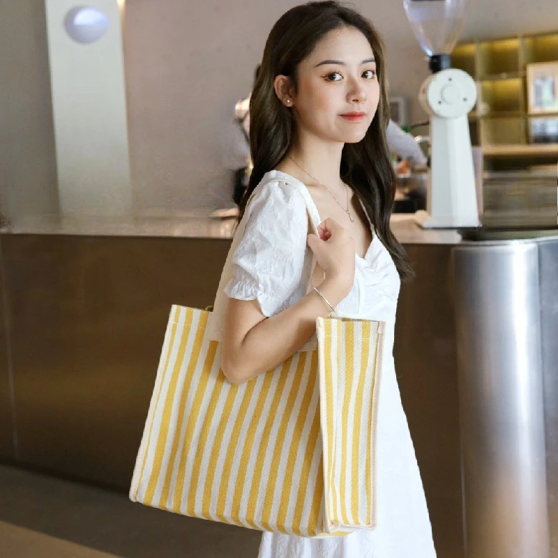Custom Printed Logo Striped Canvas Bag Korean Style Large Capacity Commuter Tote Bag Versatile Eco-friendly Shoulder Handbags