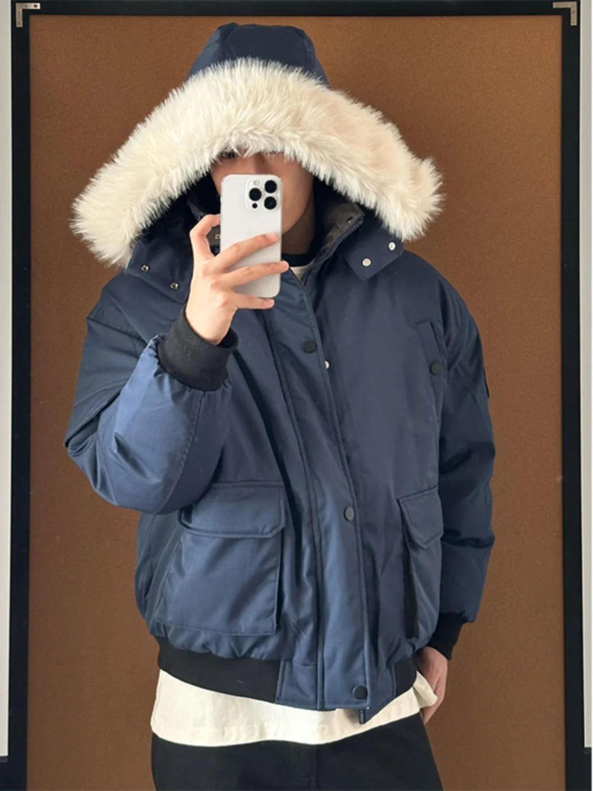 

Thiened American Retro Parka down Jaet Men's Winter Coat Warmth Large Fur Collar Workwear Cotton Hooded Outerwear