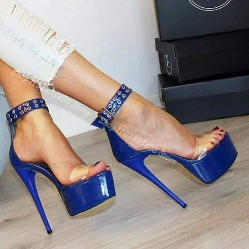 

Blue Clear PVC Platform Sandals Open Toe Stiletto Heels Summer Ankle Buckle British Style Dress Sandals 2024 Zapatos Para Mujere