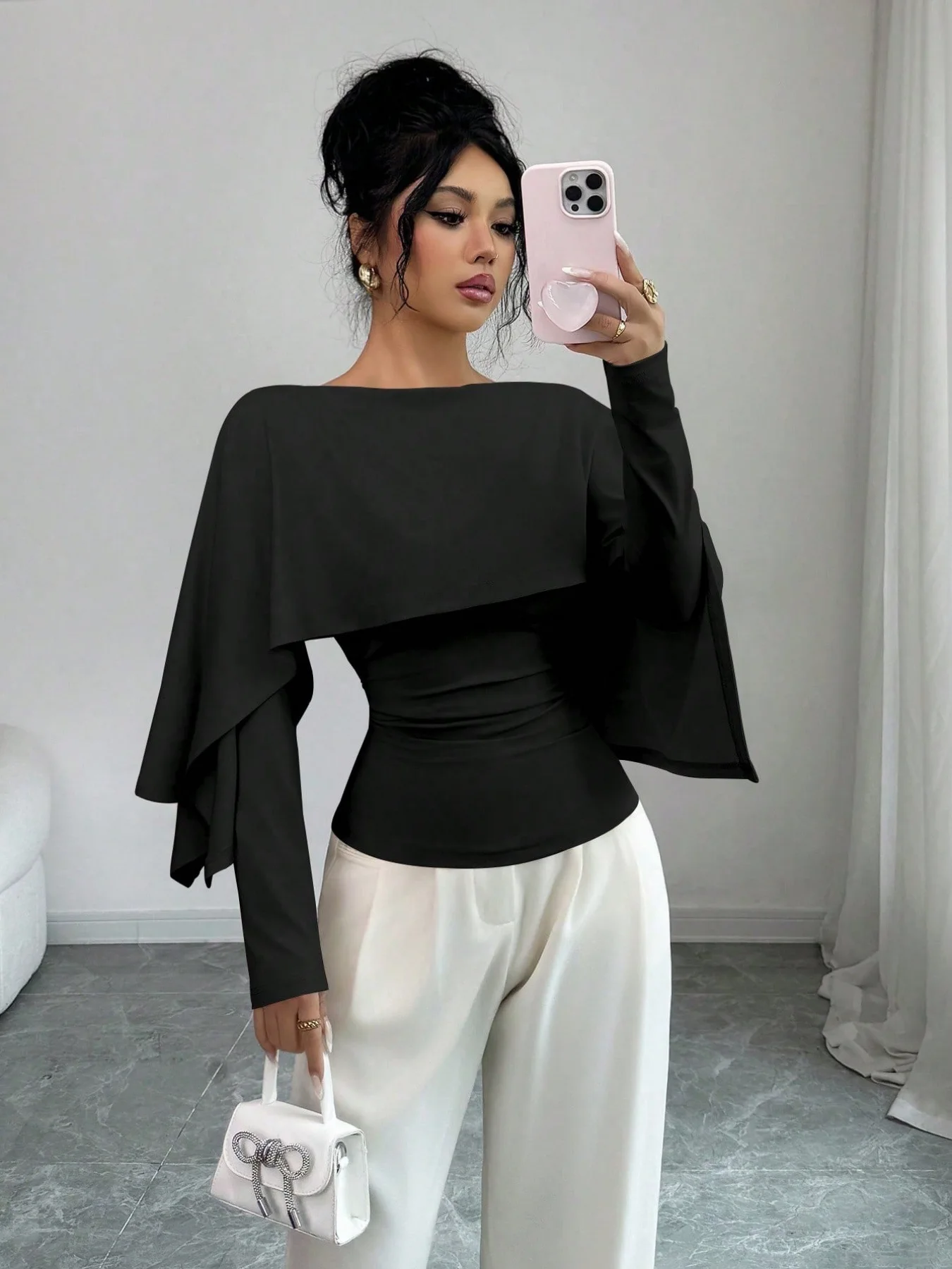 Elegante, schlanke, einfarbige Cape-Bluse für Damen, langärmelig, zweiteilig aussehend, figurbetont, schick, für Büro, Abend, Party, Dating, Alltag. – Detail 6