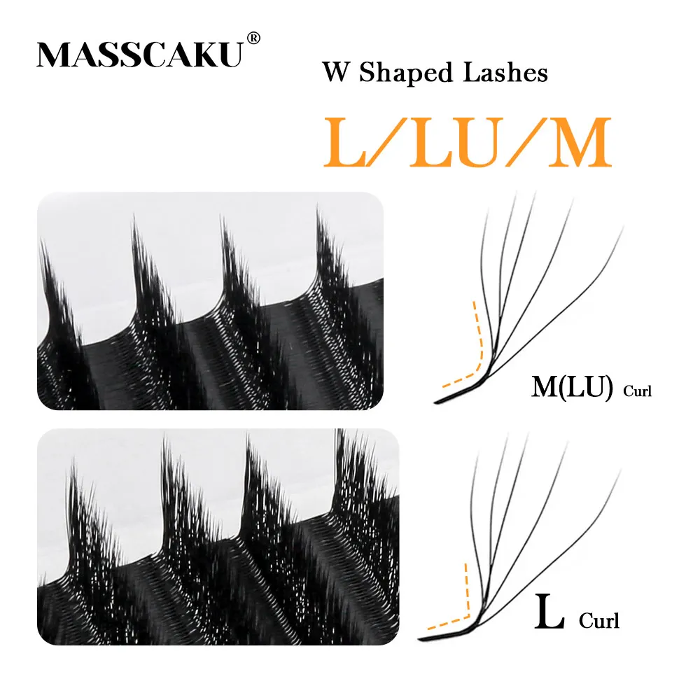 ขนตาปลอม MASSCAKU L LU M Curl YY/W รูปทรงต่างๆ นุ่ม เบา น้ำหนักเบา ทำจากเส้นใยมิงค์เทียม ความหนา 0.07 มม. ความยาว 8–15 มม. ให้ลุคธรรมชาติ หนาขึ้นอย่างเป็นธรรมชาติ