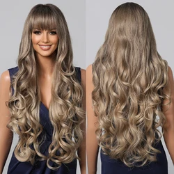 Loose Body Wave Synthetic Wigs Long Brown Blonde Ombre Wig with Bangs Wave Curl Wigs for Black Women Heat Resistant Daily Party