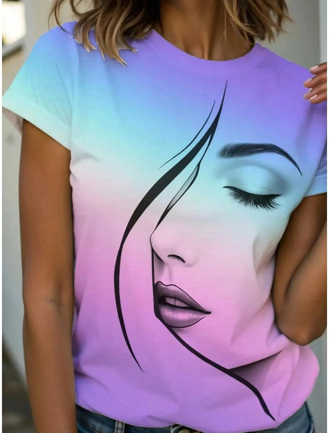 Summer Abstract Face 3D Print T-shirts Women Streetwear Casual Fashion Y2k Short Sleeve T Shirt O-neck Tees Tops Clothing