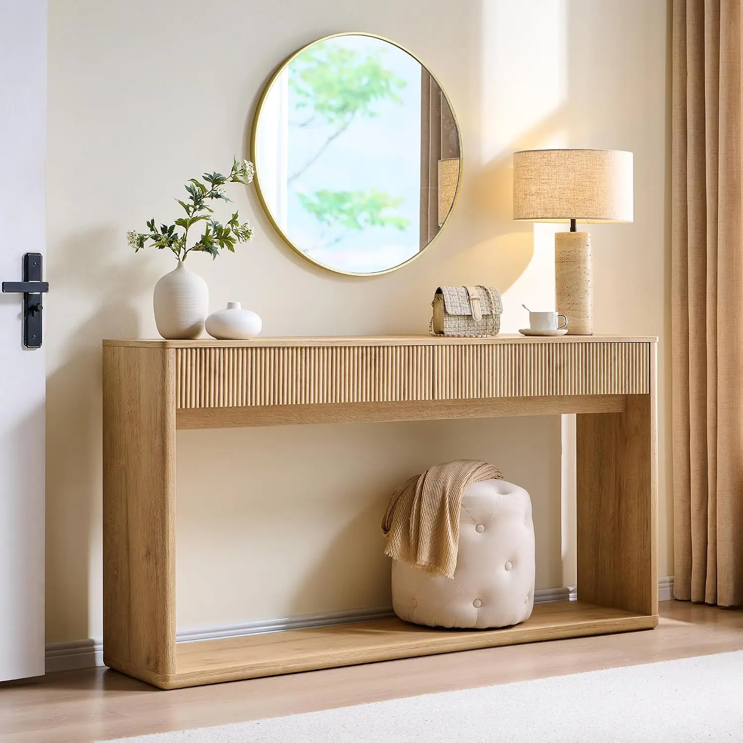 Natural Oak Fluted Entryway Console Table 63 Inch With Two Large Drawers