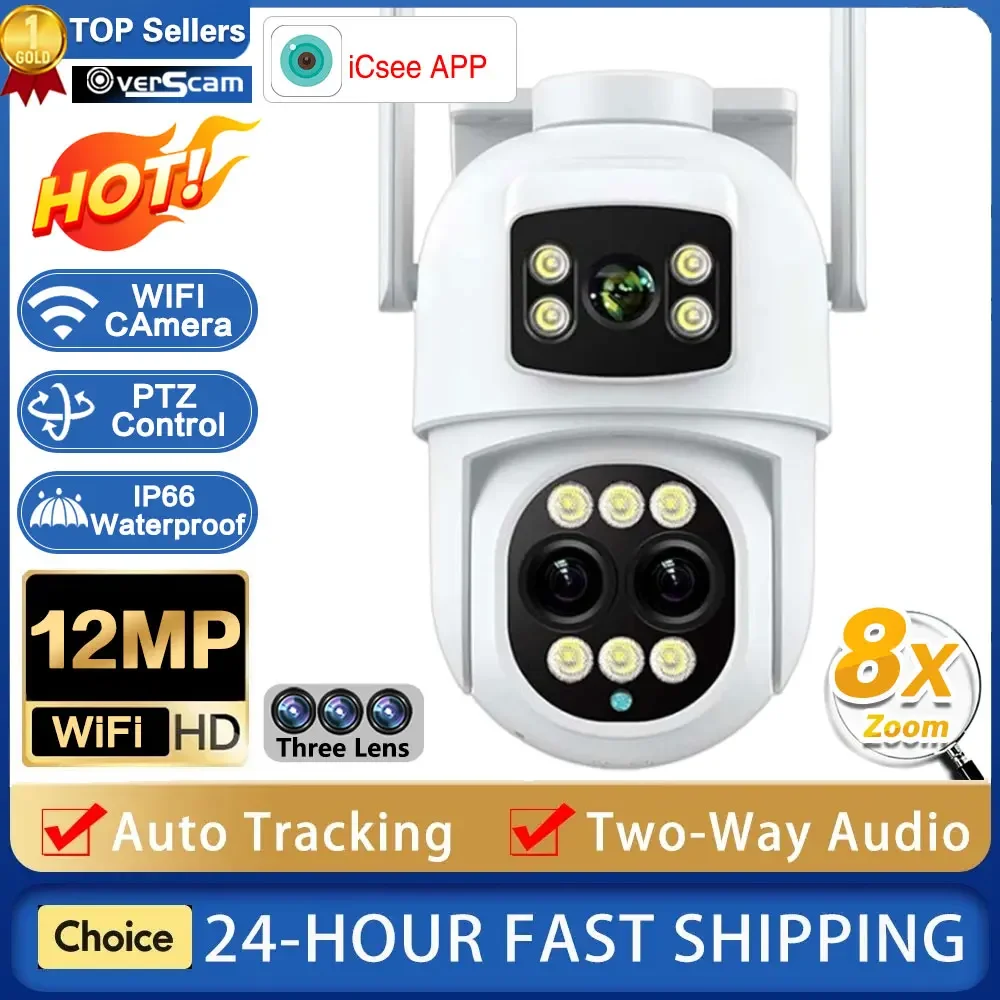 

Wireless Network Surveillance IP Camera PTZ 12MP Three Lens 8X Zoom WIFI Camera Outdoor Smart Home Wi-Fi Security CCTV iCSee