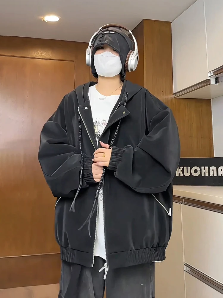 

American Sle Matte Bla Hooded Leather Jaet Men's Sli ort Baseball Outfit Couple's Autumn Coats Anti-Wrinkle