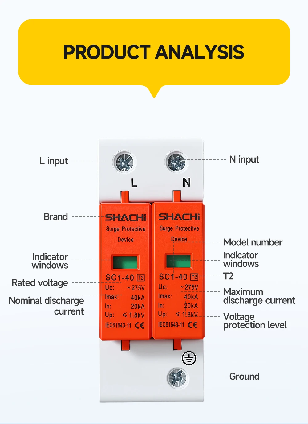 SHACHI AC SPD 2P 20-40KA 30-60KA 275V 385V Haus-Blitzschutzgerät Niederspannungs-Überspannungsableiter – Detail 10