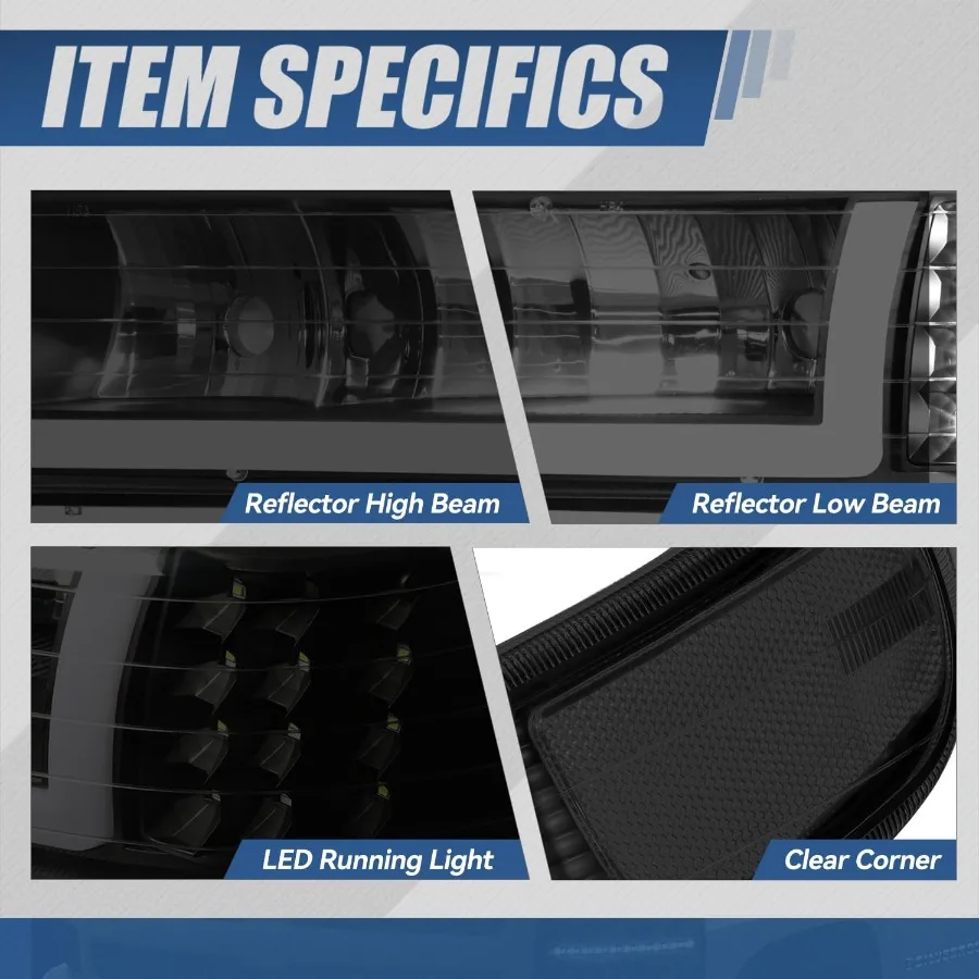 4 قطعة LED DRL مجموعة المصابيح الأمامية ومصابيح الوفير لسيارة شيفروليه سيلفرادو سوبربان 1500 2500 3500 تاهو 19992006 عدسة مدخنة Cl #3