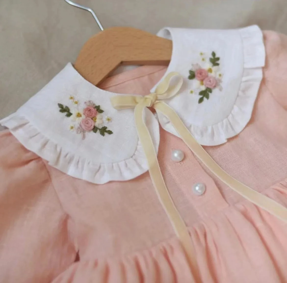 0-12Y Baby Girl Summer Prange Pink Flower Handmad Embroidery Collar Vintage Princess Dress for Birthday Easter Photography Eid