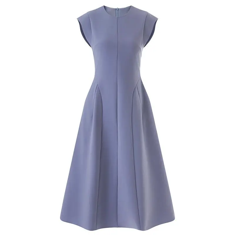 

Retro Shoulder Sleeveless Vest Dress Waist Cinching Full Skirt round Neck Simple Women's Clothing Commute Style Hig...