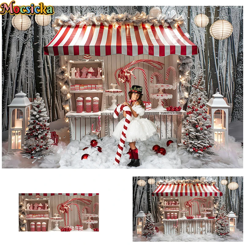 

Mocsicka Winter Xmas Candy Store Photography Background Christmas Tree Lollipop Decor Kids Family Portrait Photo Backdrop Studio