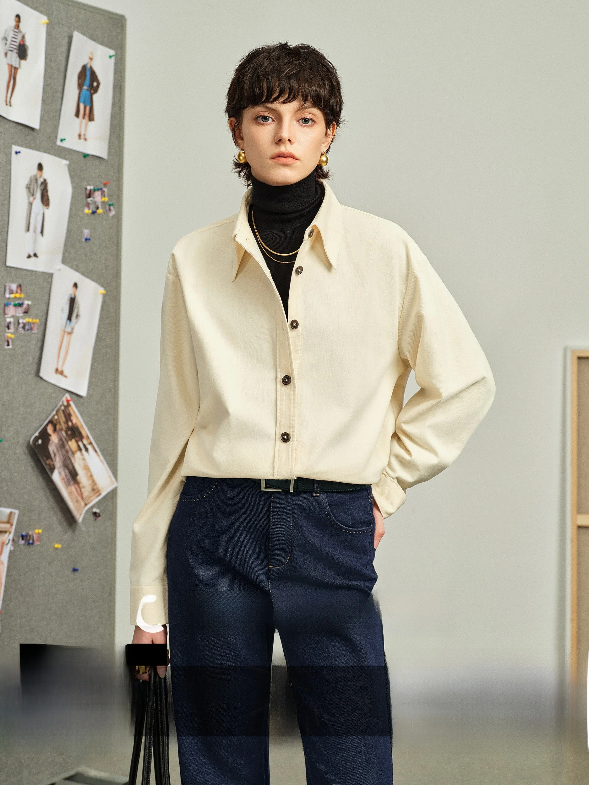 

CA Women's Loose Cotton irt Collared Long Sve Simple Commute Sle Glossy Feel Medium Length Straight Cut