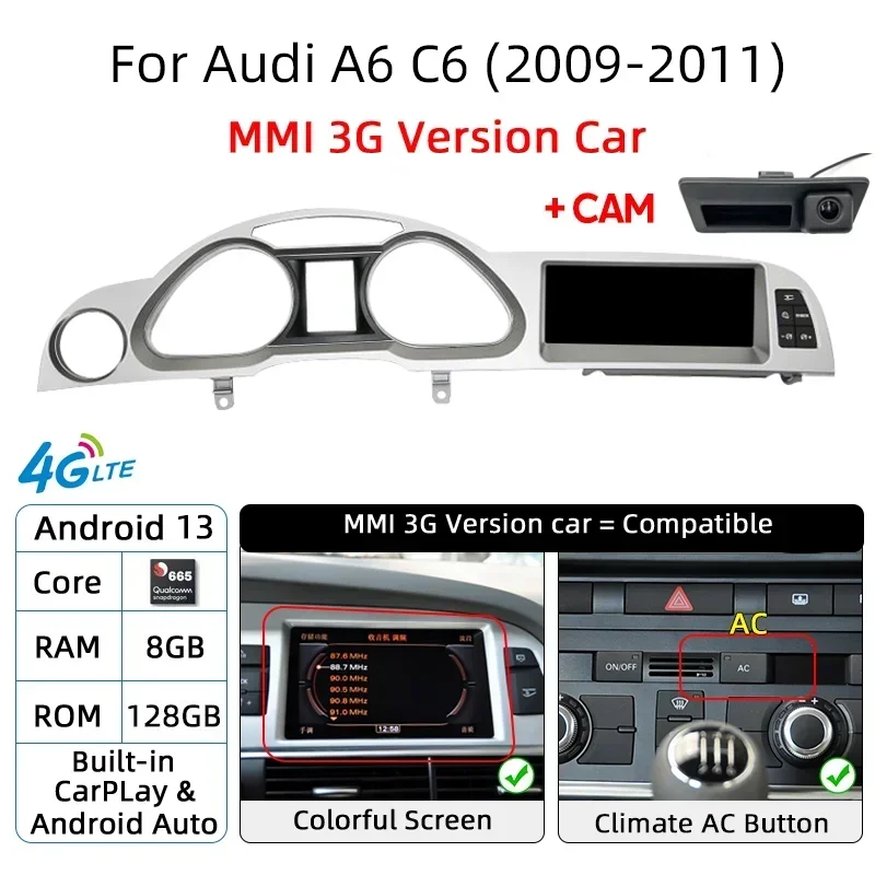 Android 14 8+128G Auto Radio CarPlay，Audi A6 C6 4f 2005 2006 2007 2008-2011 MMI 2G 3G Car Multimedia Player Stereo Wifi Navi