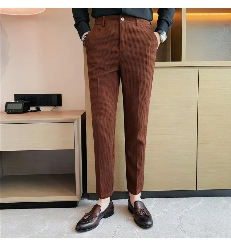 Pantalones informales de negocios para hombre, pantalones recortados, patrón de gofres, nueva tendencia, primavera y verano, verde oscuro, blanco, 28-38