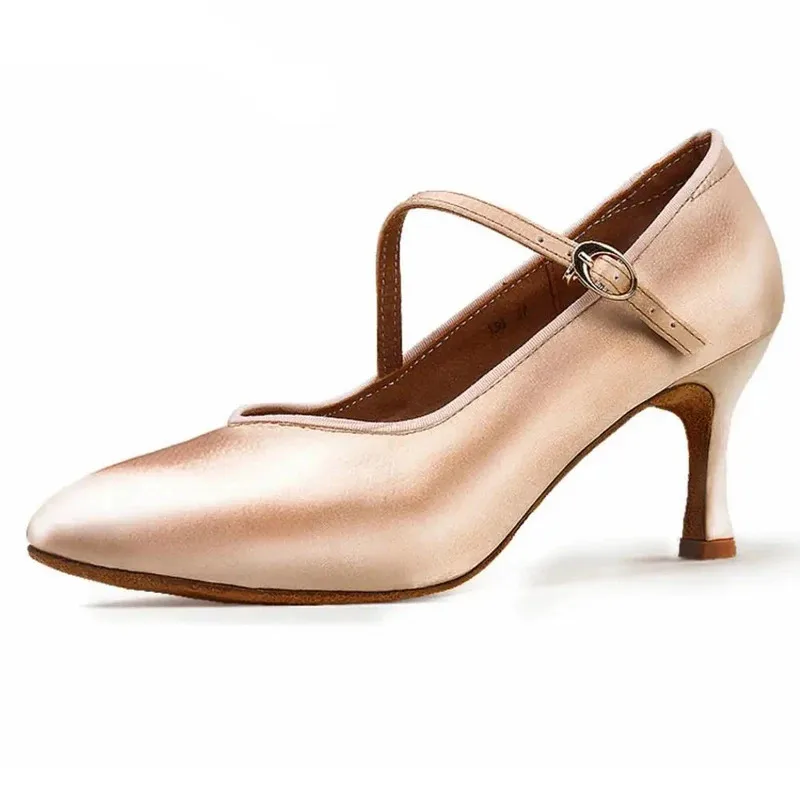 

Women Standard Dance Shoes Tan Satin High Low Heel Ladies Ballroom Dance Shoes Soft Outsole Modern Dance Shoes