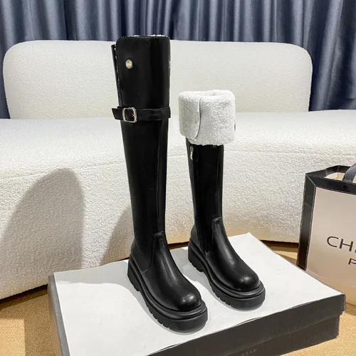 여성용 따뜻한 봉제 무릎 높이 부츠, 우아한 두꺼운 굽 신발, 간결한 코튼 롱 부츠, 겨울 