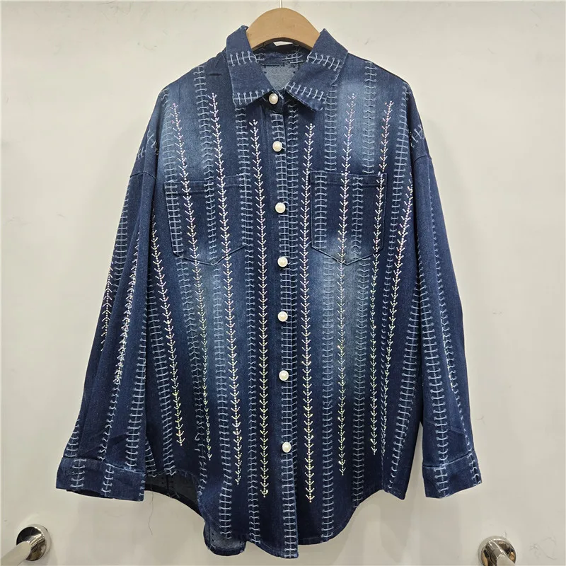 

Новая женская свободная джинсовая рубашка SuperAen с жаккардовым узором и стразами в стиле Heavy Industry