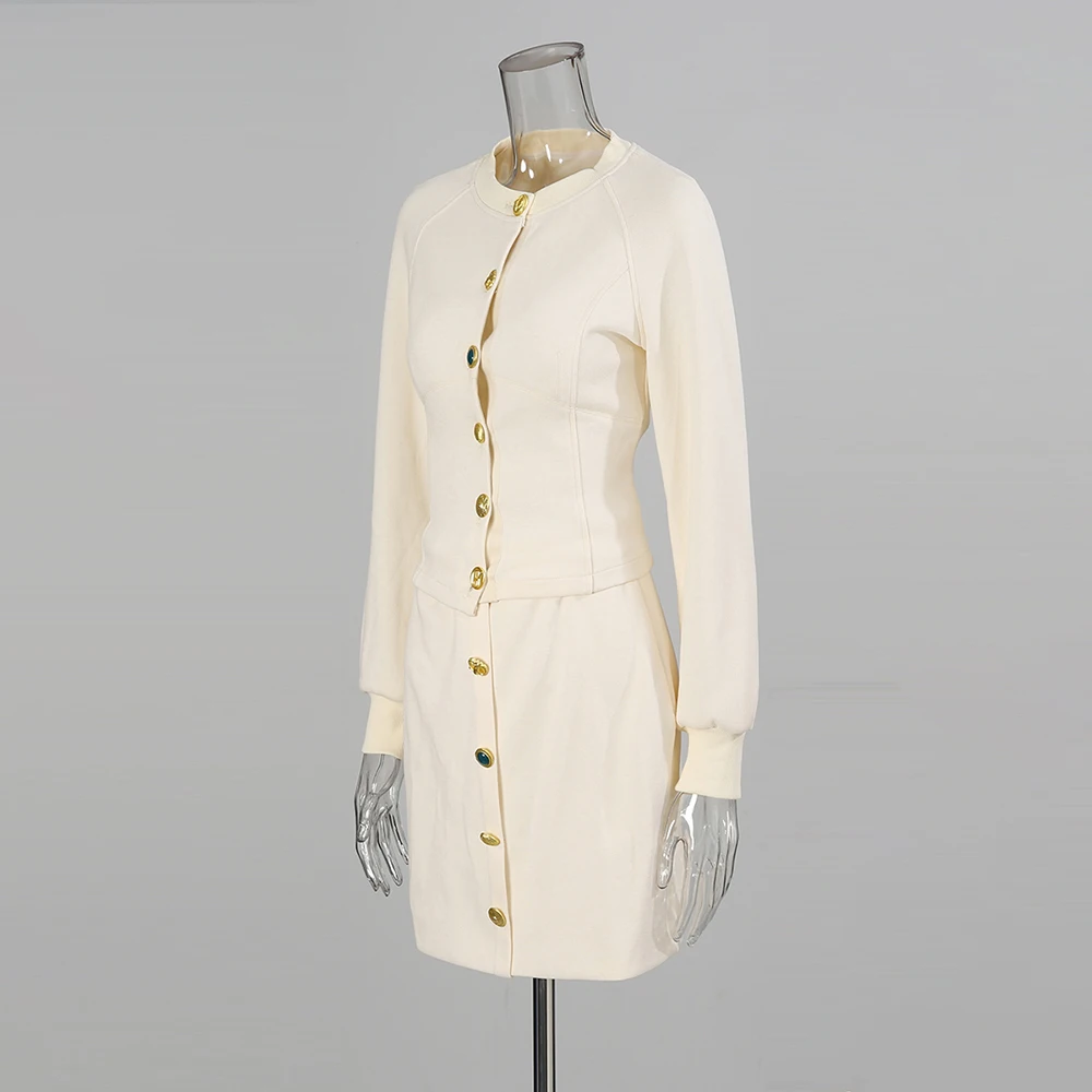 TWOTWINSTYLE, conjunto de dos piezas liso empalmado con una hilera de botones, chaqueta de manga larga con cuello redondo para mujer, conjunto de falda informal para mujer, novedad de otoño