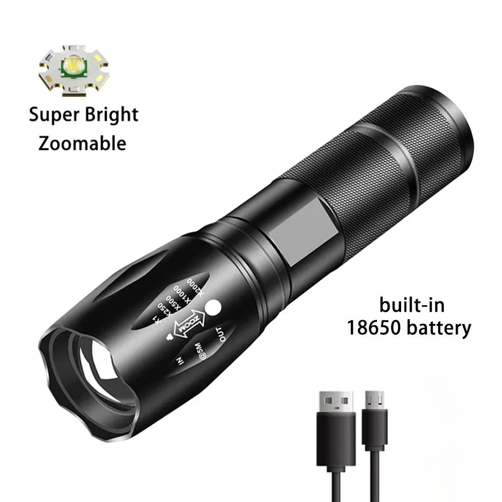 Powerful LED Flashlight Aluminum Alloy Portable Torch USB ReChargeable Outdoor Camping Tactical Flash Light image 2