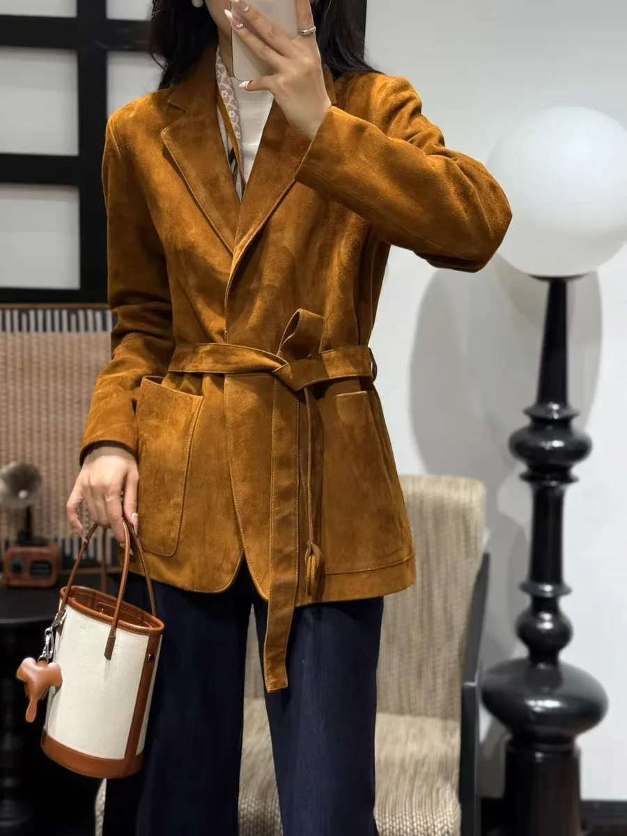 Elegante giacca in pelle scamosciata per bambini di fascia alta per donna Cappotto lungo monopetto con collo quadrato ramato con cinturino Capispalla femminile