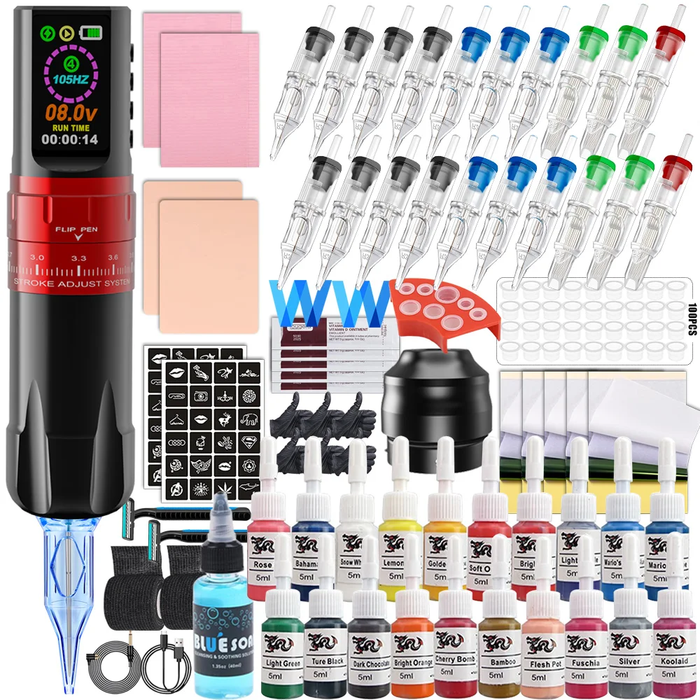 

Wireless Tattoo Machine Pen Kit Rotary Tattoo Machine Set with Cartridge Needles Wireless Tattoo Power Supply Set for Body Arts