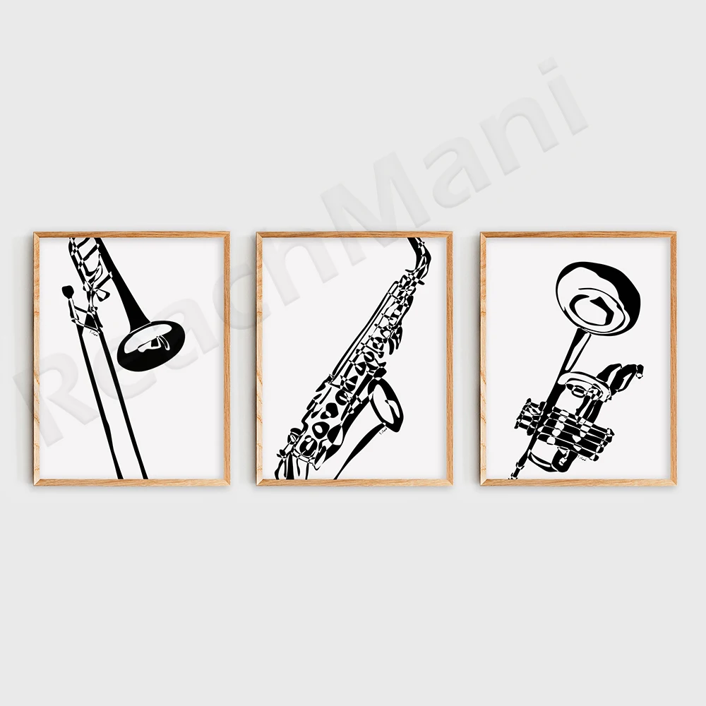 Jazz Set Arte de pared, Trompeta Sax Trombone Poster, Impresión de arte digital en blanco y negro, Decoración de sala de música, Decoración de estudio de música, Regalo