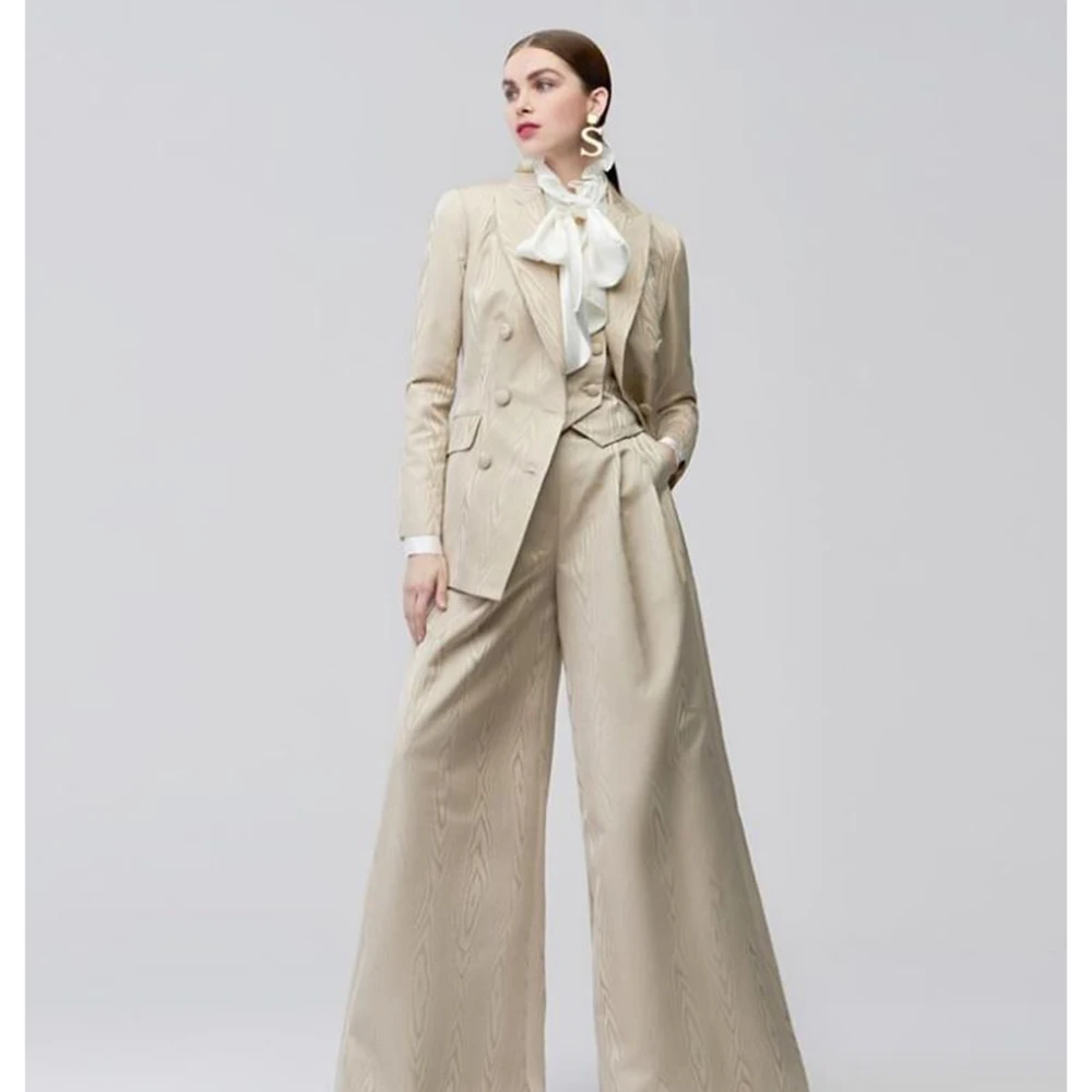 

Minimalist Cream Beige Women Double-Breasted Suit 2 Piece Jacket Pants Set Peak Lapel Loose Office Casual Female Outfits