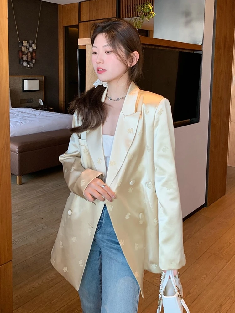 New Fashion Light Golden Satin Print Design Blazer for Women 2024 Spring Vintage Loose Casual Wide Lapel Suit Acetate Jacket