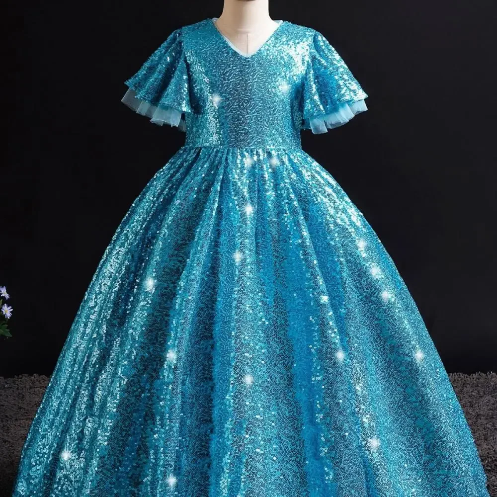 

Petal Sleeves Sequin Girl Summer Dress Luxury Princess Long Dress Youth V-neck Ball Gown Evening Party Formal Children Clothing