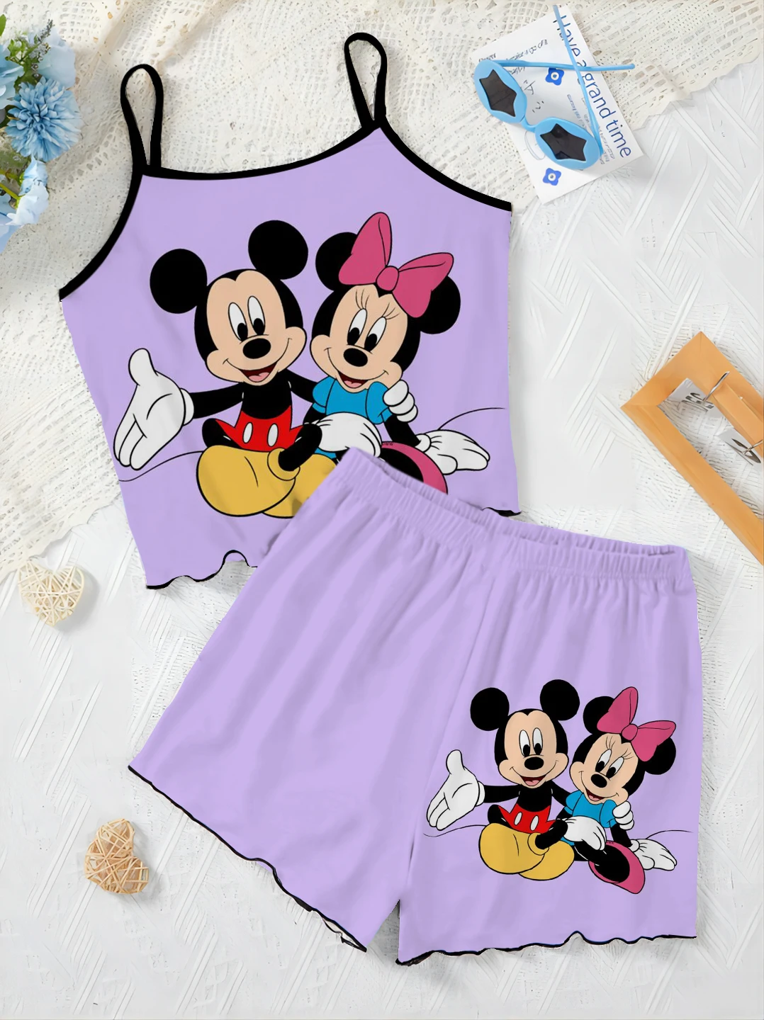 T-shirt Slip Dress Short Sets for Women 2 Pieces Top Minnie Mouse Lettuce Trim Disney Mickey Women's Suit Elegant Disney Mickey