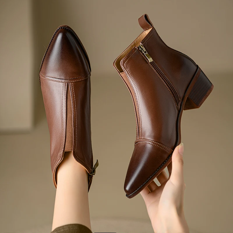 2026 new autumn winter women ankle boots 22-24.5cm washed cowhide+pigskin/plush pointed toe side zip high heel women short boots