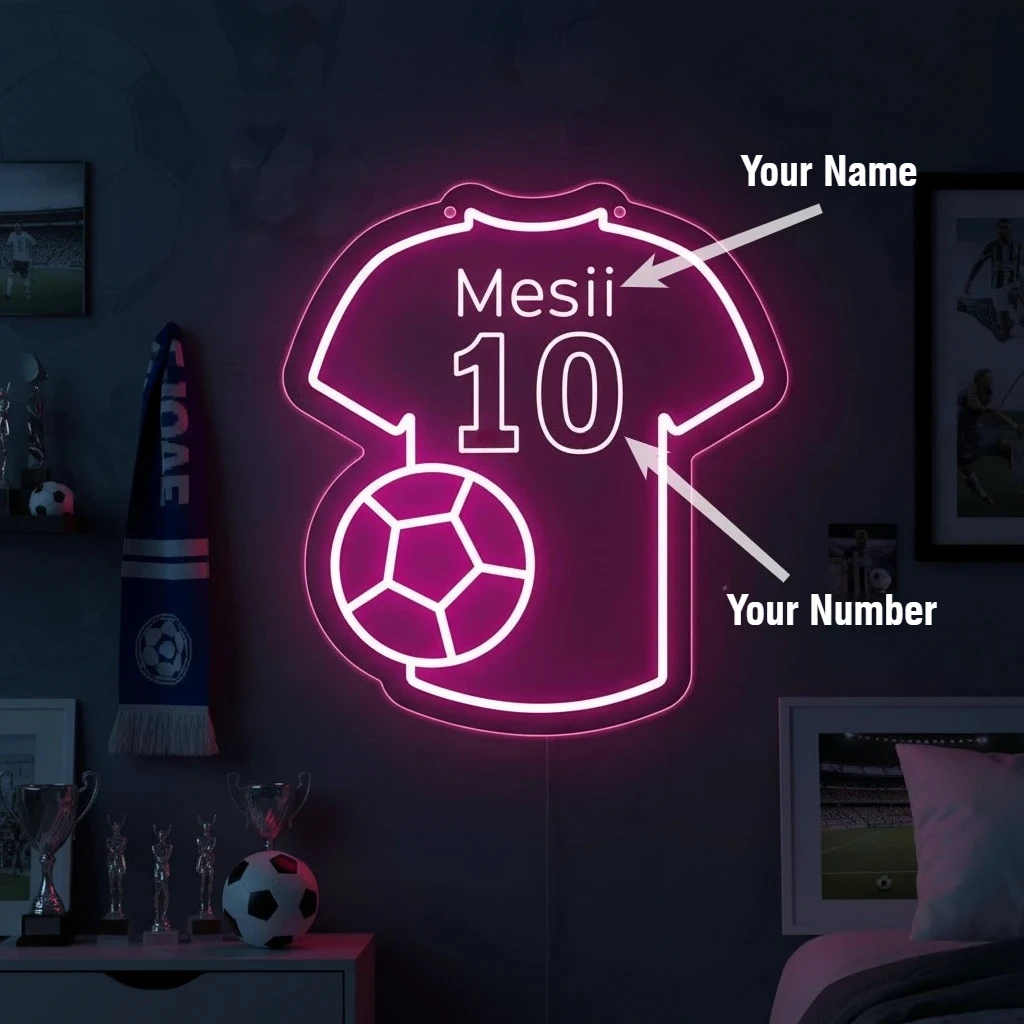 

Неоновая вывеска на заказ с именем для детей, декор для стены в детской комнате мальчика, персонализированный подарок в виде футболки для детей, подарки для любителей футбола