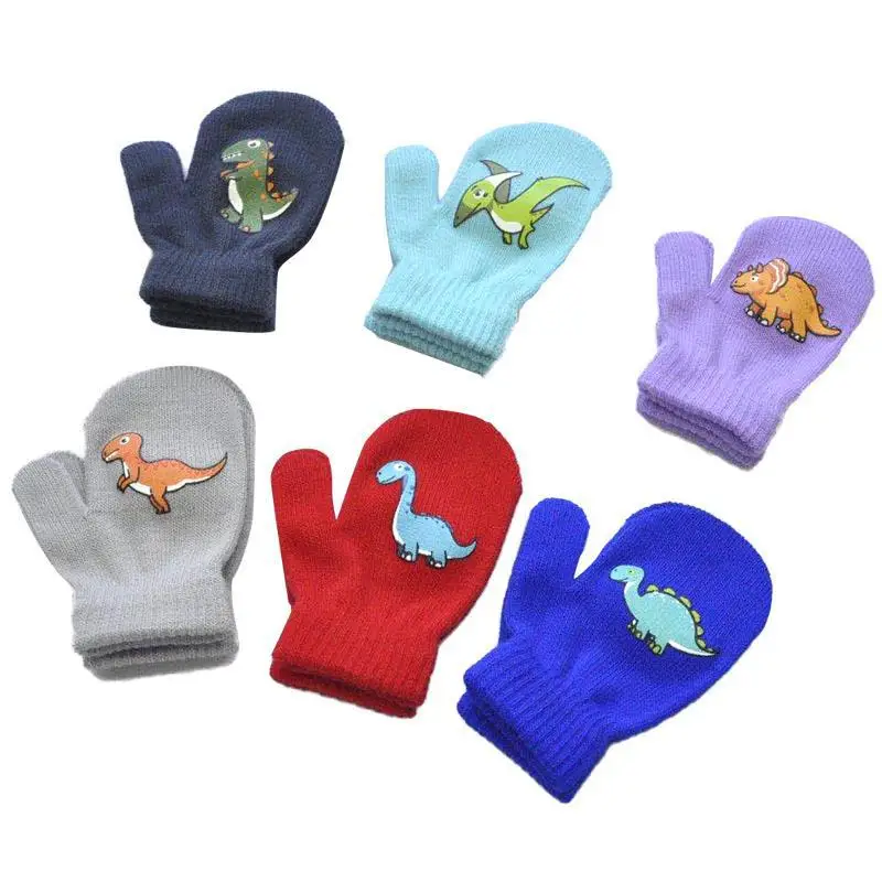 1-3Y Kids Winter Thicken Plush Warm Gloves For Boy Girl Student New Dinosaur Solid Knitted Mittens Outdoor Cycling Skiing Gloves