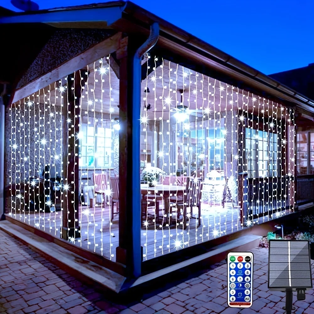 Solar-Lichtvorhänge für den Außenbereich, wasserdicht, 10x10 Fuß, 300 LEDs, warmweiß, mehrfarbig, kaltweiß, Lichterketten mit dimmbarer Fernbedienung, Timer und Speicherfunktion, Solar-Gartenlampe mit