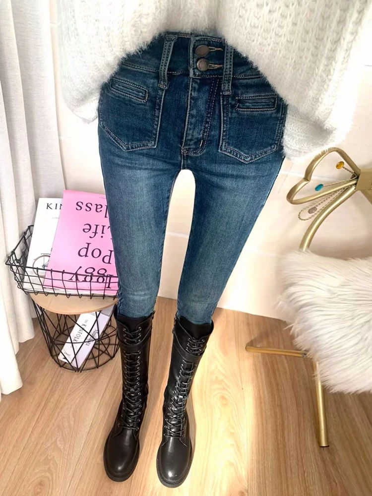 

Deep Blue Slim Fit Women's Jeans High Waist Cotton Stretch Denim Korean Sle Autumn Winter ket Detail Tapered Pants