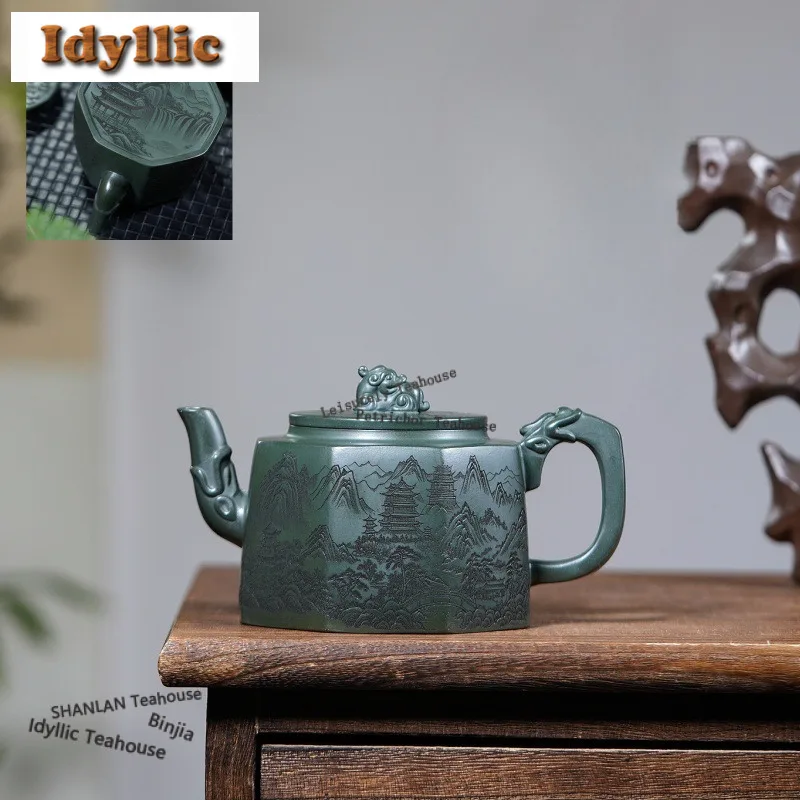 

350ml Yixing Purple Clay Teapots Handmade Double Dragon Octagon Pot Raw Ore Green Mud Kettle Zisha Tea Set Ornaments Supplies