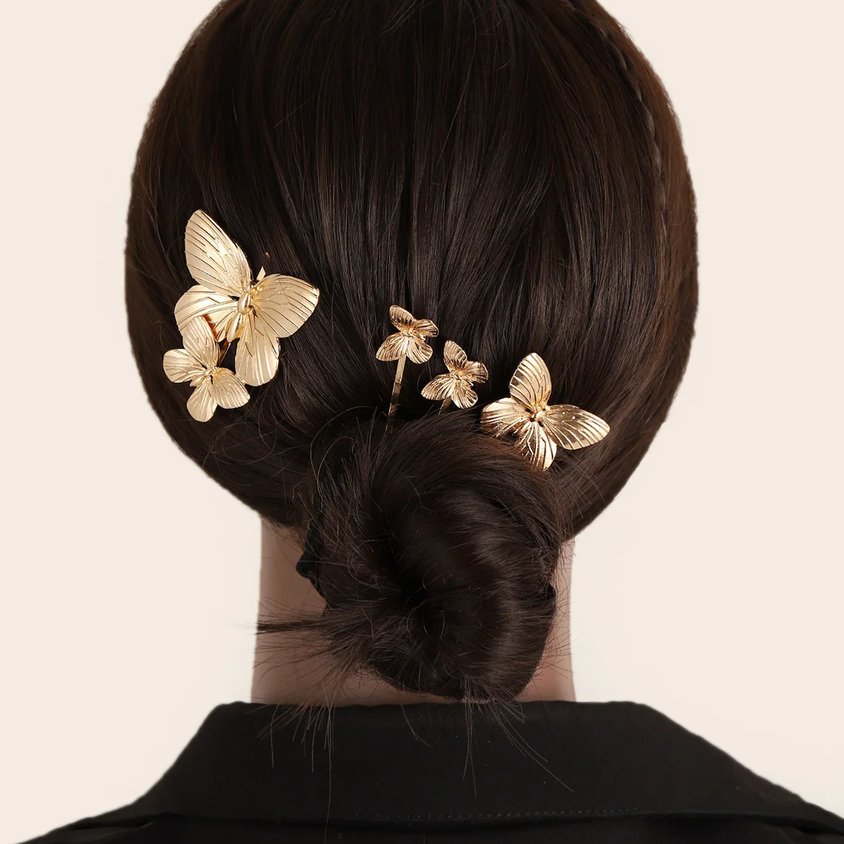 4pcs Gold Butterfly Headdress Advanced French Elegance Retro Simple Bangs Clip 3-dimensional Hair Clip Sweet Hair Accessories