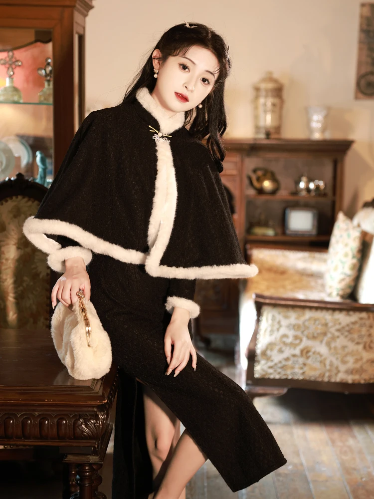 Dress Women's Black Cheongsam Autumn and Winter Long Sleeve Thickened Warm Elegant Noble Shawl Suit Retro New Chinese Mid-Length