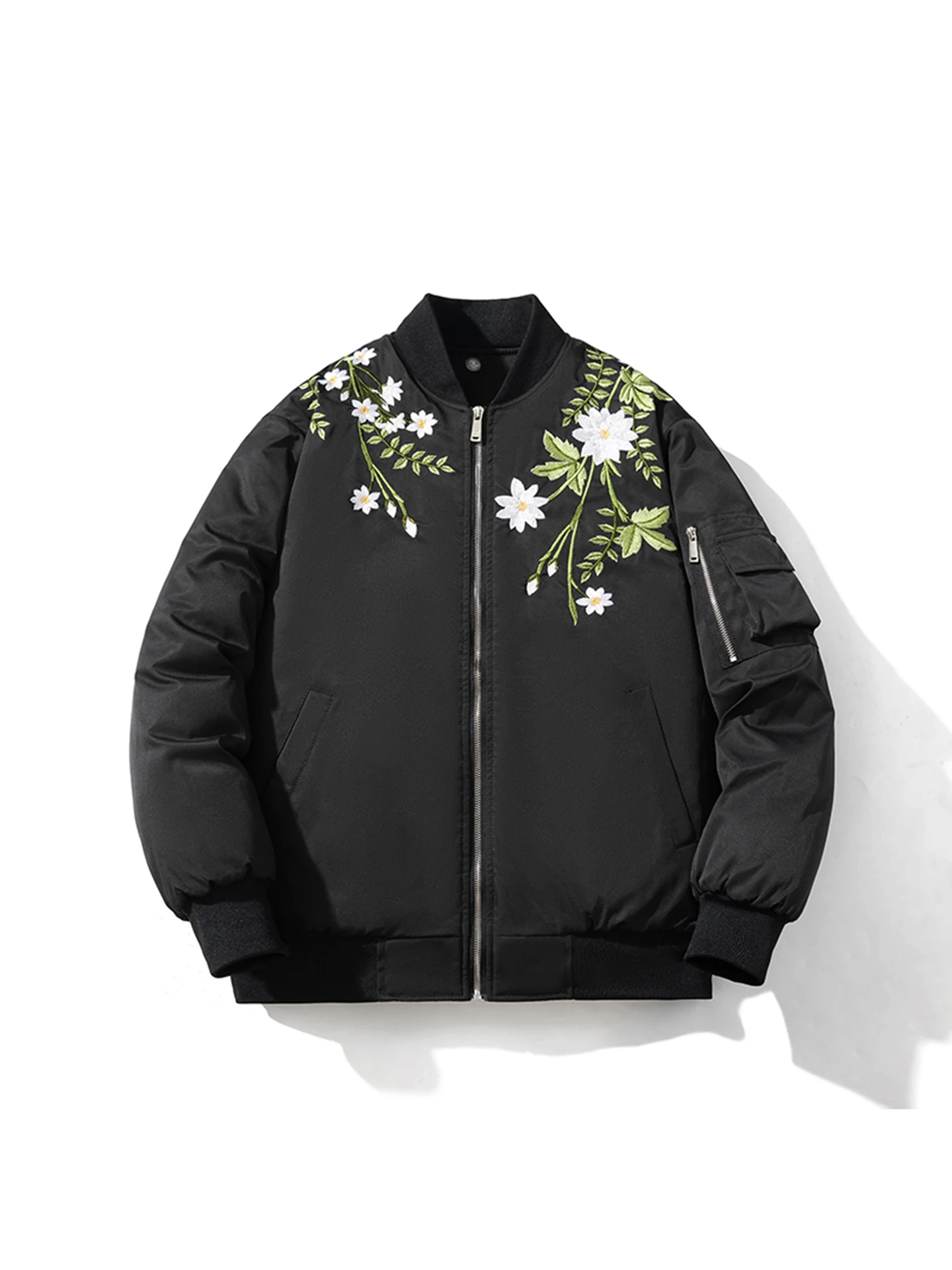 

Thiened Embroidered Flight Cotton Jaet Men's Casual Sle Tea Flower Pattern Loose Fit Autumn Winter Outerwear Coat