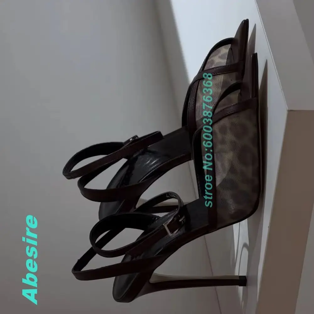 Leopard Print Mesh Cross Ankle Strap Sandals Stiletto Heels Peep Toe Women's Sandals Spicy Girls Y2K Party Fashion Show Shoes