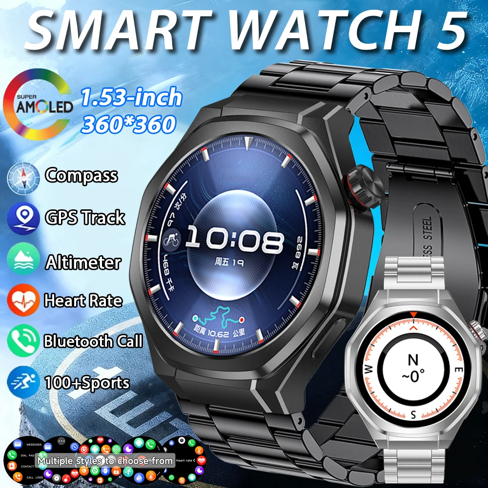 

GT5 PRO Smart Watch Men Watch 5 Pro AMOLED Screen BT Call GPS Trajectory Heart Rate Compass IP68 Waterproof SmartWatch 2026 New