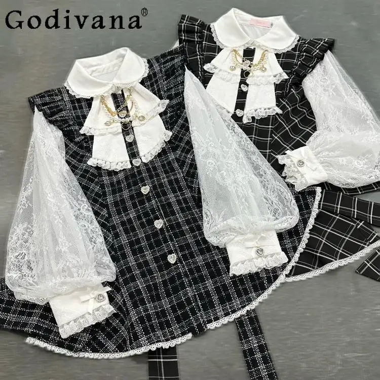 

Комплект платьев в клетку Mine, весенне-осенний японский милый кружевной топ с бантом для девочек, топ с длинными рукавами, шорты, комплект из 2 предметов, готическая женская одежда