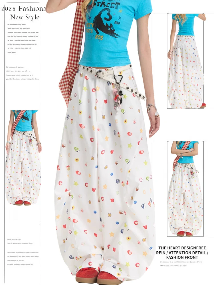 

Американские уличные повседневные брюки с фруктовым принтом, женские летние новые универсальные широкие брюки с высокой талией, прямые брюки